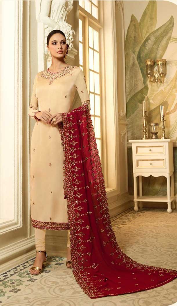 Cream Color Satin Georgette Evening Wear Salwar Kameez - 476458529