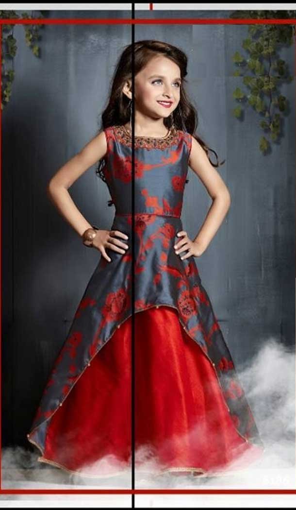 Dove Gray Color Sanatoon Designer Kids Girls Gown Dress - 4123561