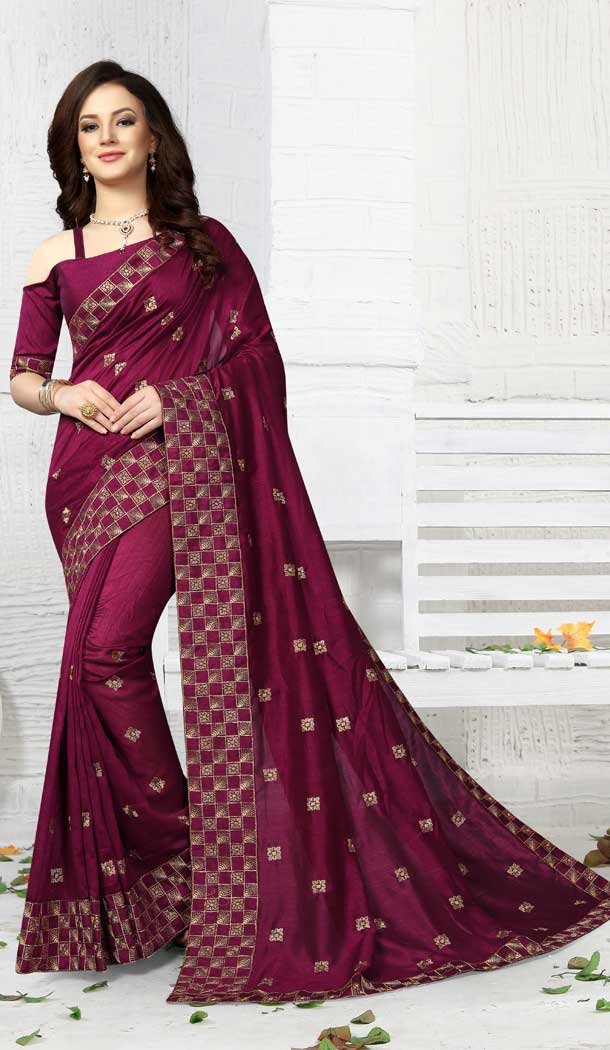 Wine Color Vicitra Silk Party Wear Plus Size Sarees - 477858675