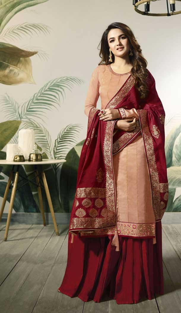 Light Peach Color Modal Satin Silk Party Wear Palazzo Suit - 479759031