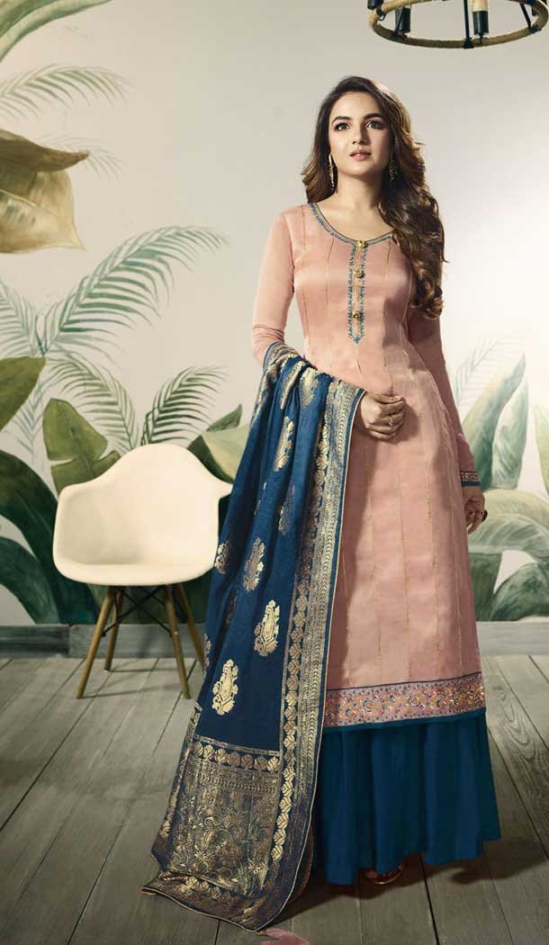 Light Pink Color Modal Satin Silk Party Wear Palazzo Suit - 479759033