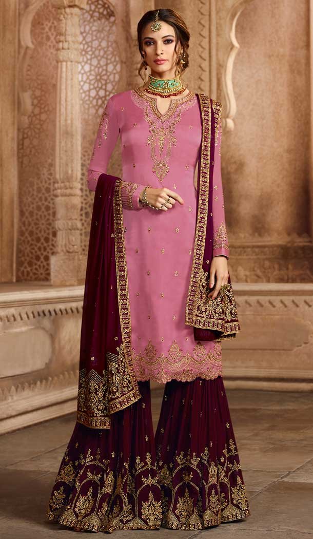 Pink Color Satin Georgette Pakistani Sharara Suit - 479859040