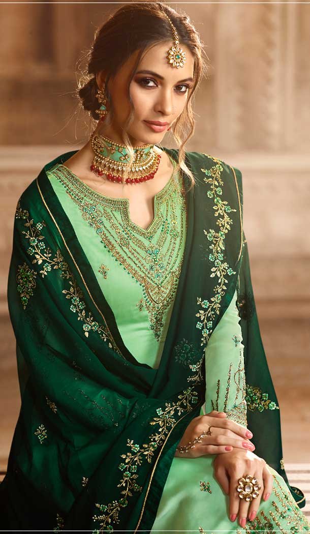 Light Green Color Satin Georgette Pakistani Sharara Suit - 479859041