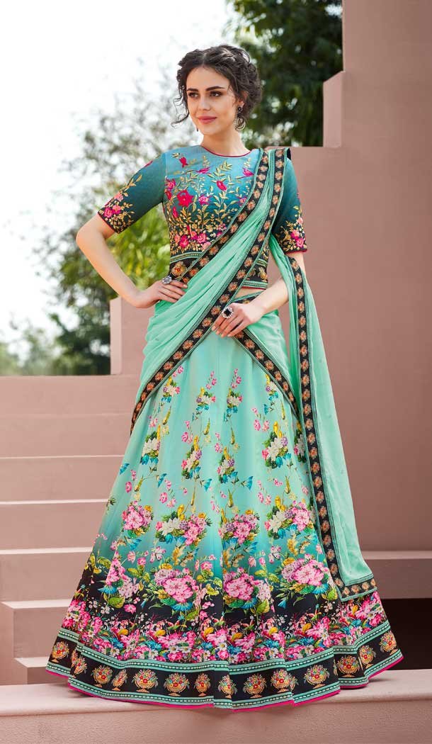 Aqua Blue Color Satin Silk Designer Lehenga Choli For Girl - 62542887