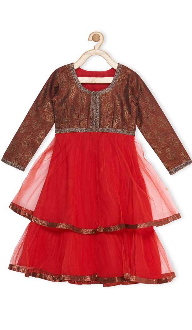 Maroon And Red Color Brocade Designer Kids Girl Salwar Kameez - 482559339