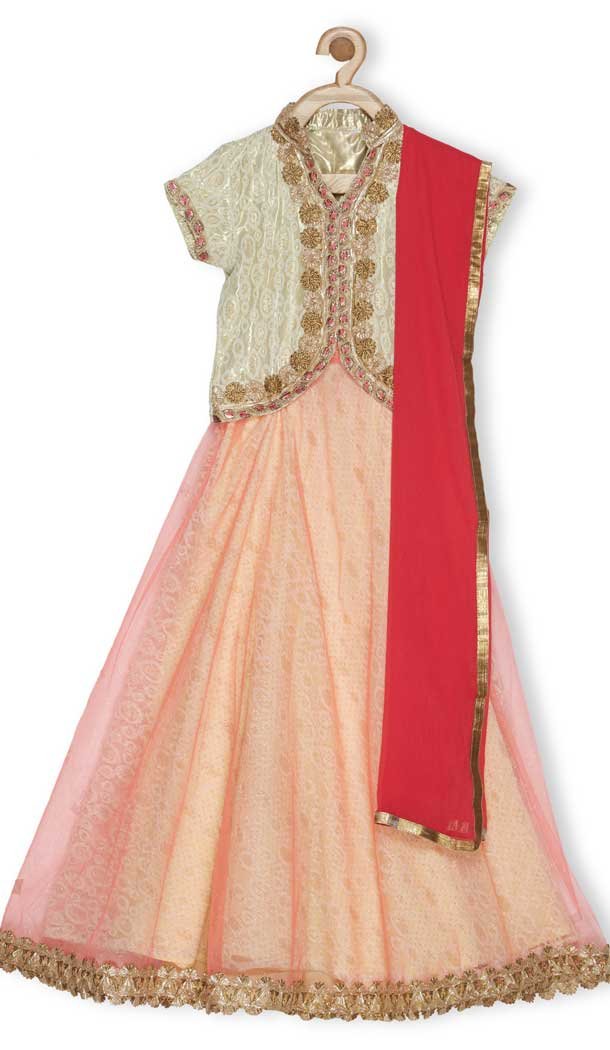 Beige Color Embroidered Net Designer Girl Lehenga Choli - 482559354