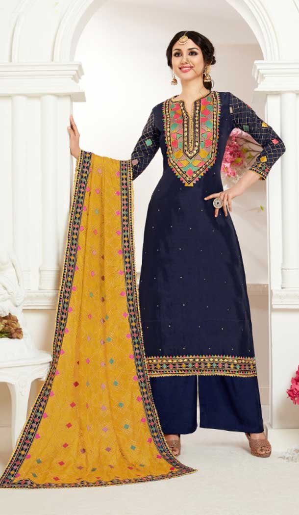 Navy Blue Color Satin Georgette Pakistani Palazzo Salwar Suit - 483059414