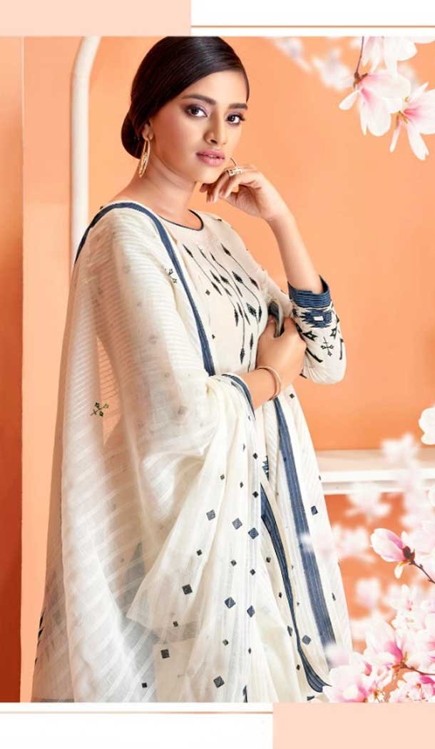 Off White Color Camrik Cotton Pakistani Palazzo Salwar Suit - 483159418