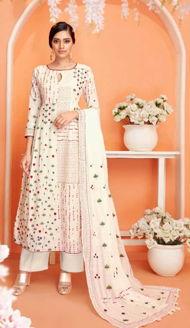 Off White Color Camrik Cotton Pakistani Palazzo Salwar Suit - 483159420