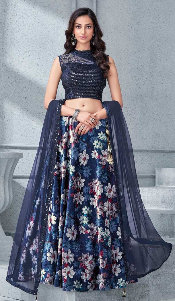 Navy Blue Color Velvet Designer Lehenga Choli - 62652975