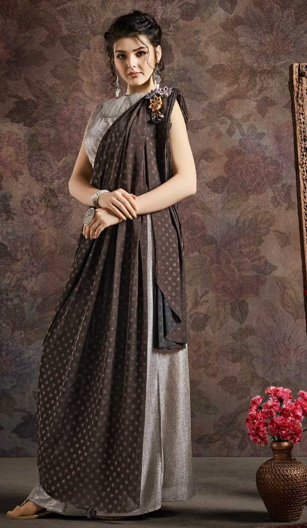 Black And Silver Color Fancy Imported Pre-stitched Saree - 484859626