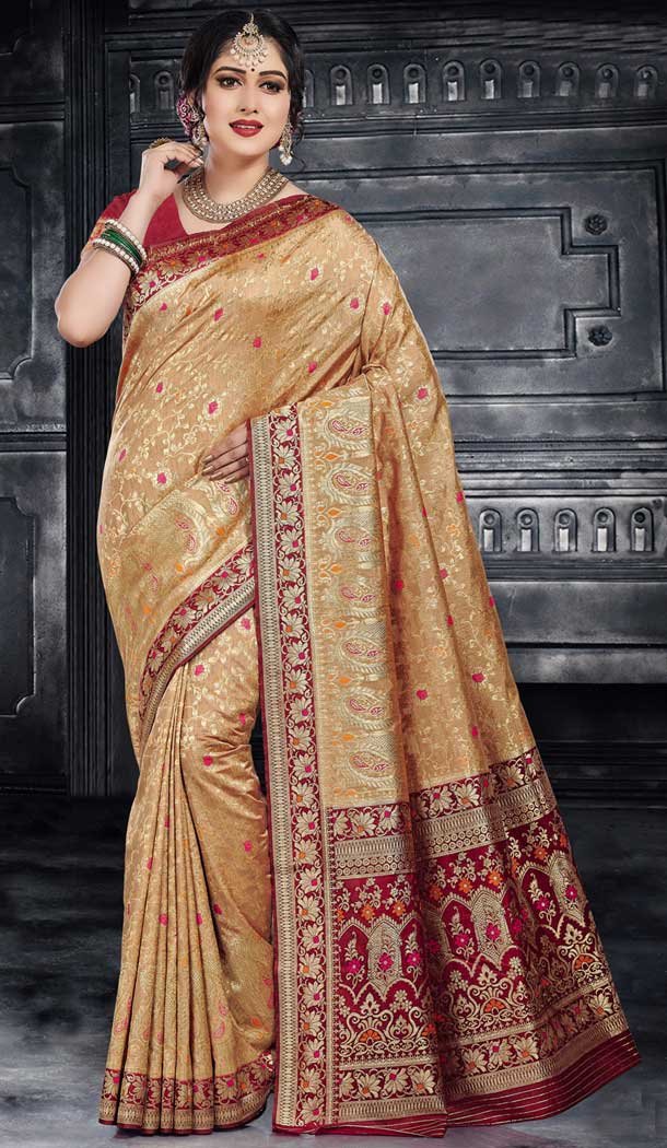 Beige Color Monga Silk Traditional Wear Saree Blouse - 486259820