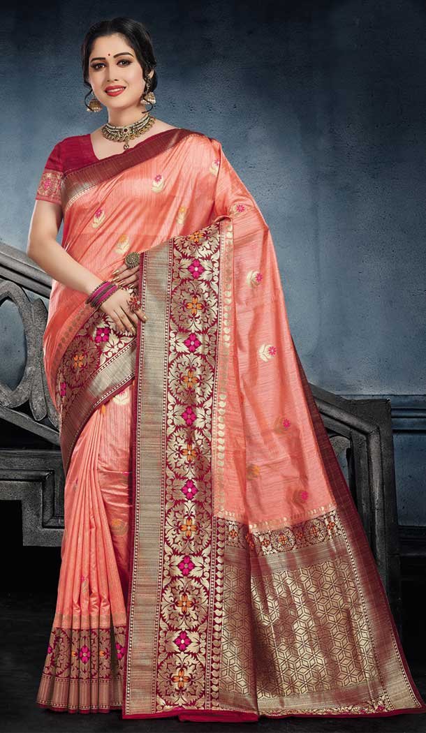 Peach Color Monga Silk Traditional Wear Saree Blouse - 486259821