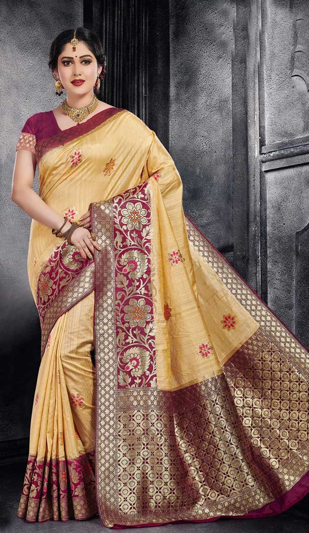 Cream Color Monga Silk Traditional Wear Saree Blouse - 486259822