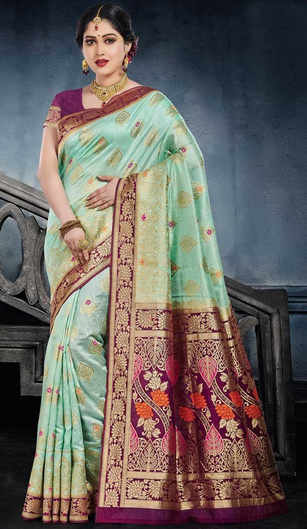 Light Green Color Monga Silk Traditional Wear Saree Blouse - 486259823