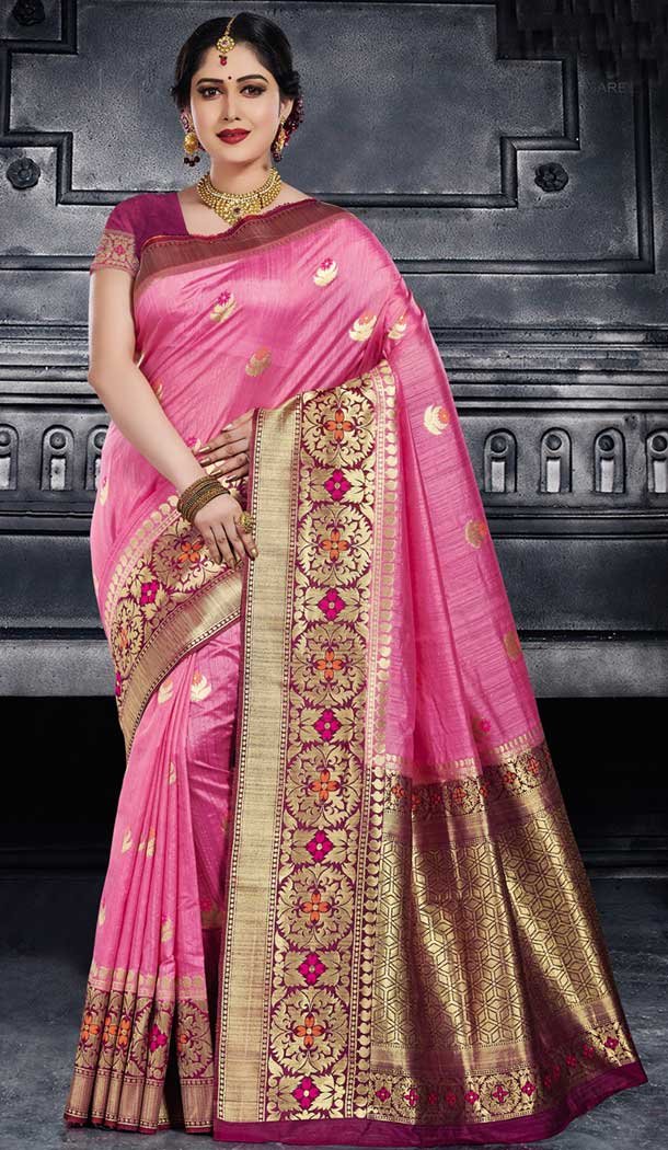 Pink Color Monga Silk Traditional Wear Saree Blouse - 486259830