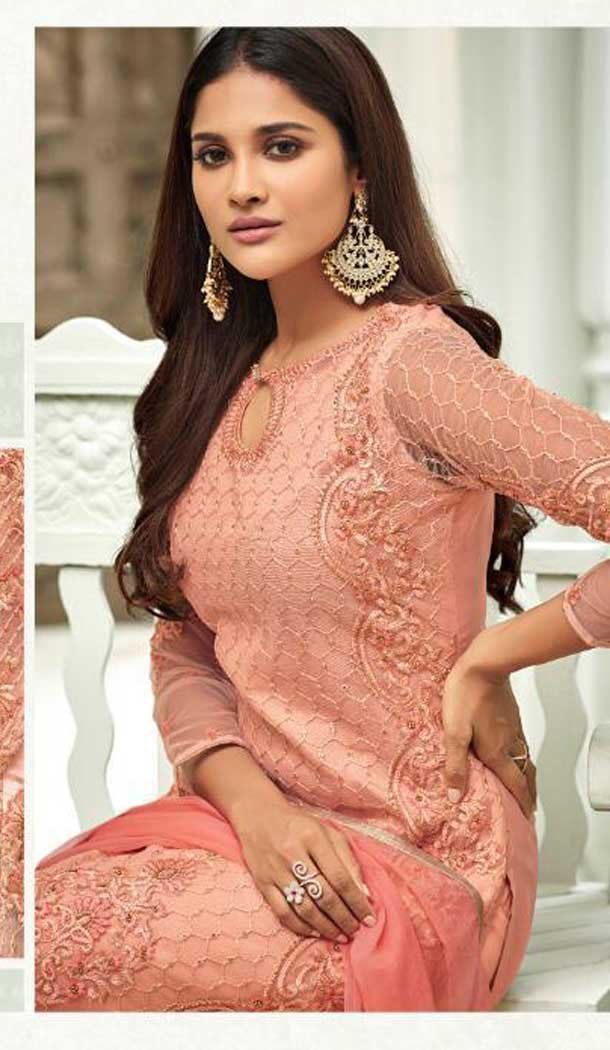 Peach Color Net Straight Cut Party Wear Salwar Kameez - 486859875