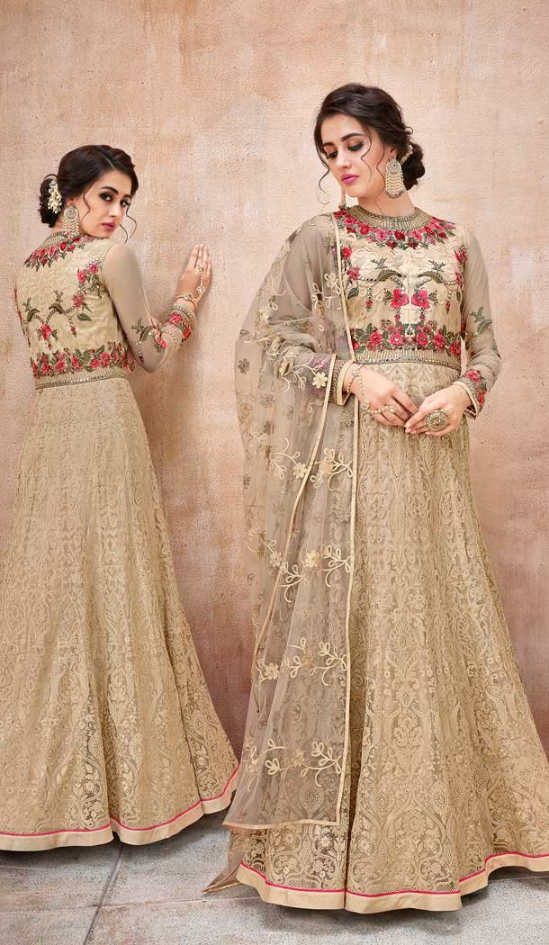 Beige Color Net Designer Long Pakistani Salwar Kameez - 62773067
