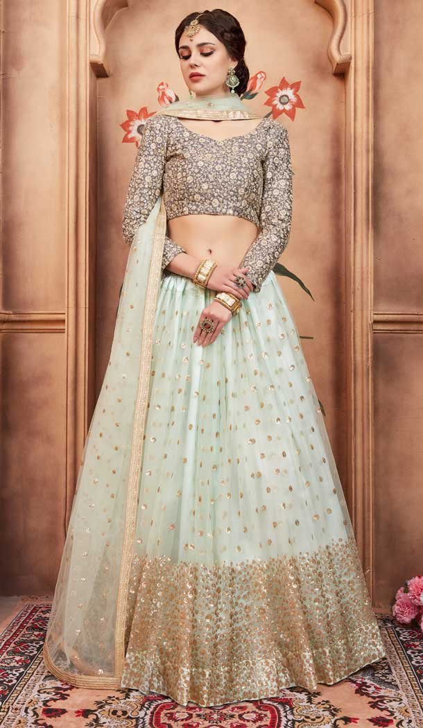 Aqua Blue Color Net Designer Embroidery Lehenga Choli - 62913167