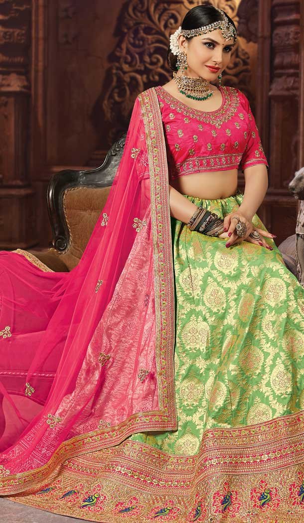 Green Color Banarasi Art Silk Wedding Lehenga Choli - 63383595
