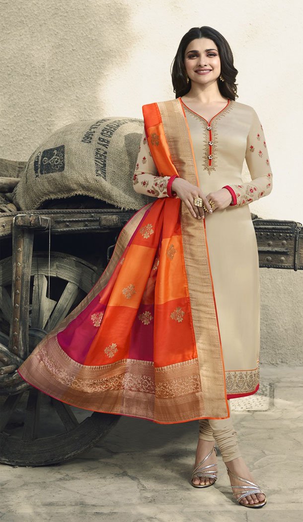 Cream Color Satin Georgette Parchi Desai Plus Size Salwar Kameez - 63483692