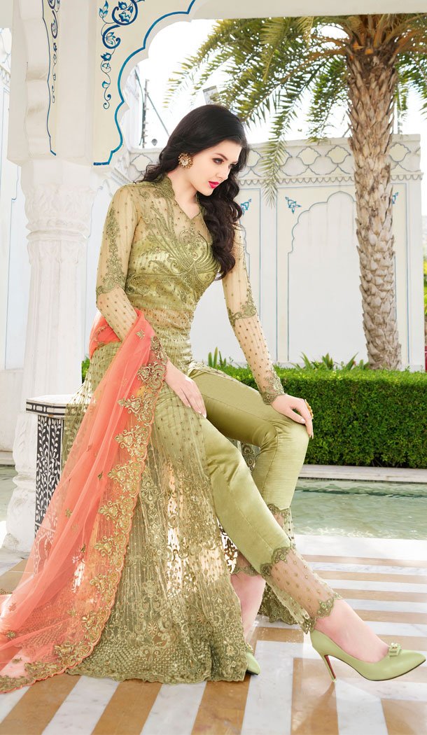Pear Green Color Net Designer Long Salwar Kameez - 63483714
