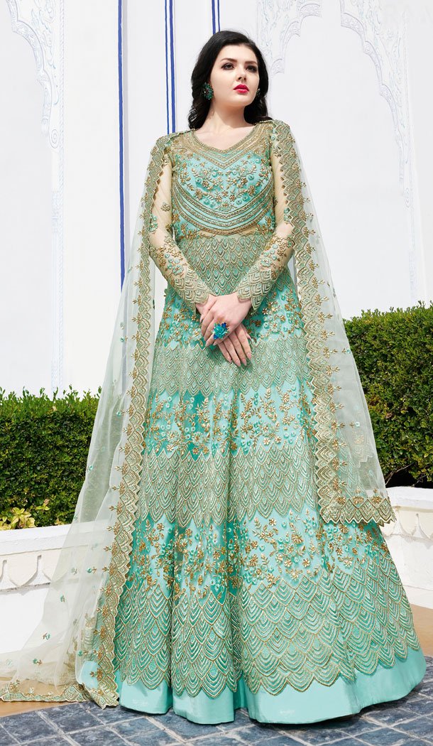 Sea Green Color Net Designer Long Salwar Kameez - 63483718