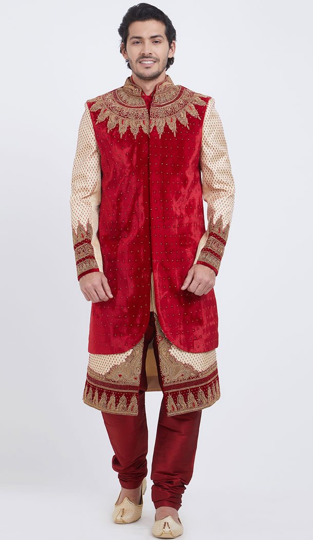 Maroon Color Velvet Brocket Readymade Men Groom Sherwani - 489860259