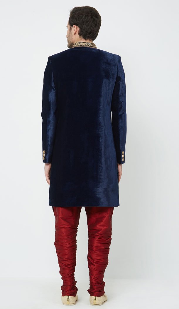 Navy Blue Color Velvet Readymade Men Groom Sherwani - 489860270