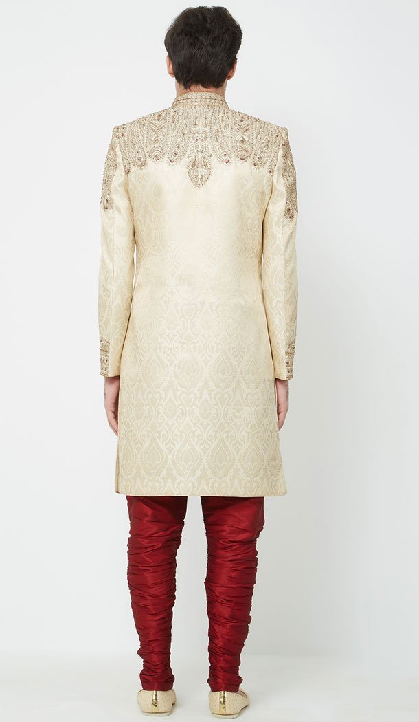 Cream Color Brocket Readymade Men Groom Sherwani - 489860273