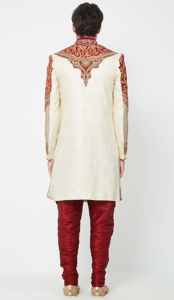 Cream Color Brocket Readymade Men Groom Sherwani - 489860275