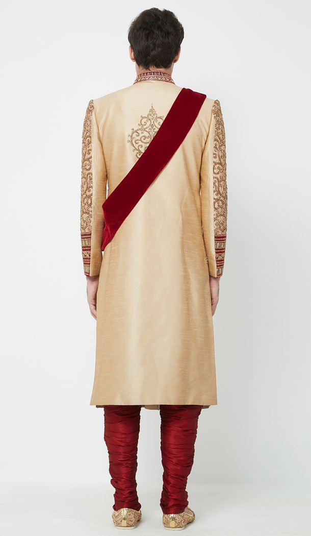 Gold Color Silk Readymade Men Groom Sherwani - 489860276