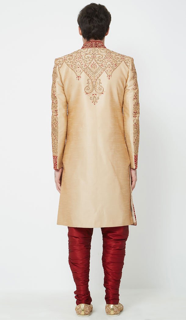 Gold Color Silk Readymade Men Groom Sherwani - 489860277