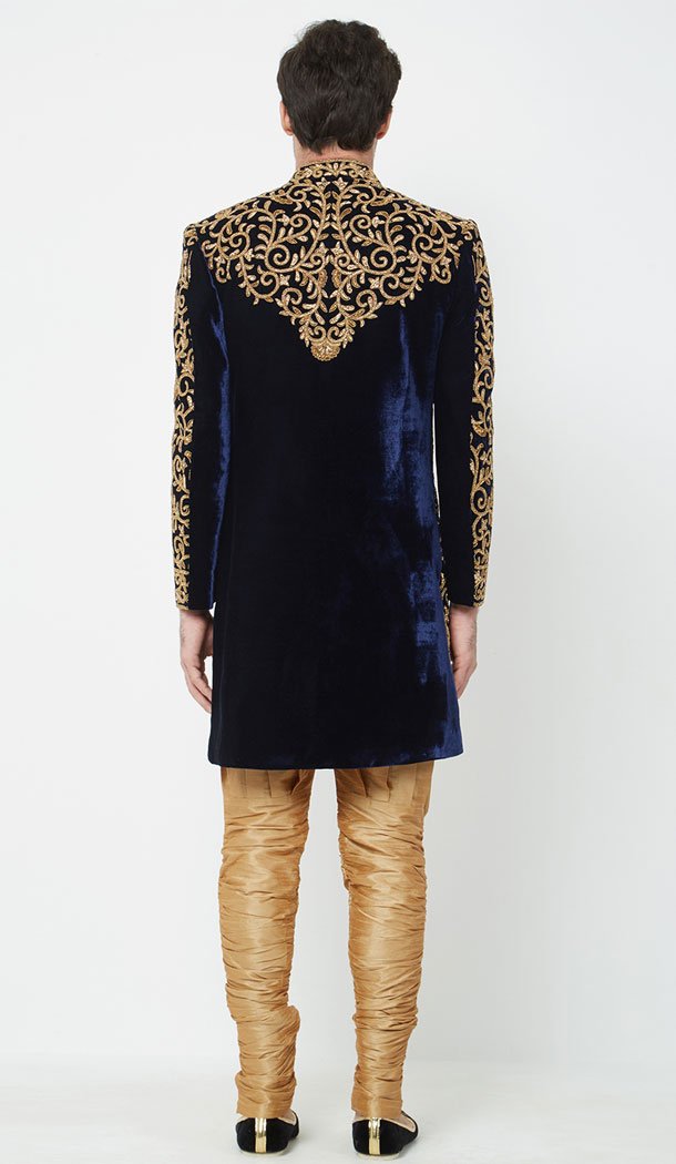 Navy Blue Color Velvet Readymade Men Groom Sherwani - 489860280