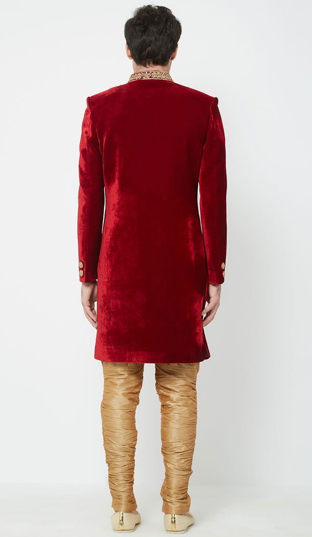 Beautiful Red Color Velvet Readymade Men Groom Sherwani Beautiful Red Color Velvet Readymade Men Groom Sherwani
