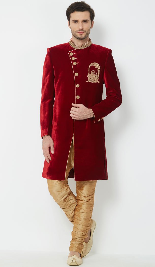 Beautiful Red Color Velvet Readymade Men Groom Sherwani Beautiful Red Color Velvet Readymade Men Groom Sherwani