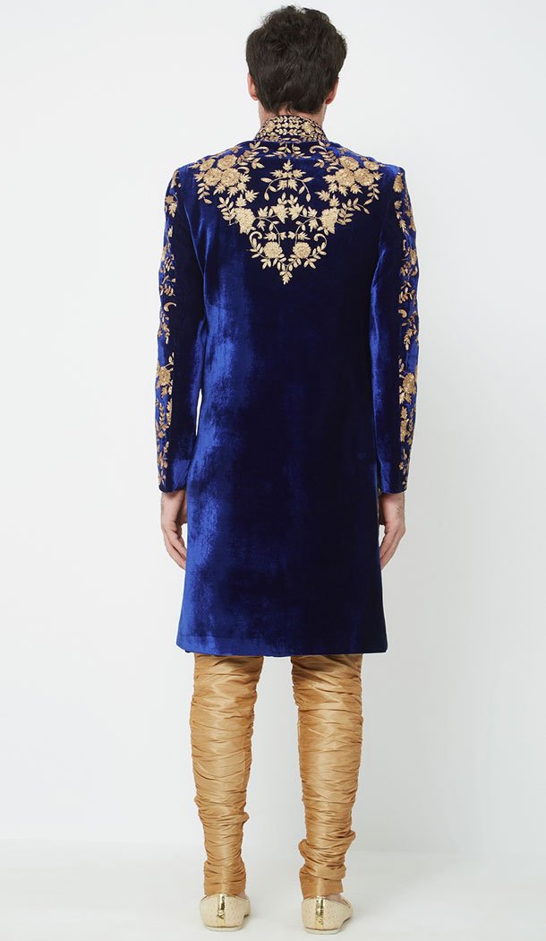 Navy Blue Color Velvet Readymade Men Groom Sherwani - 489860284