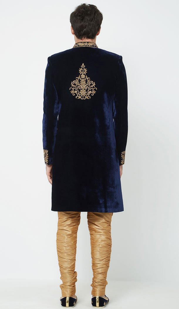 Engaging Navy Blue Color Velvet Readymade Men Groom Sherwani - 489860285