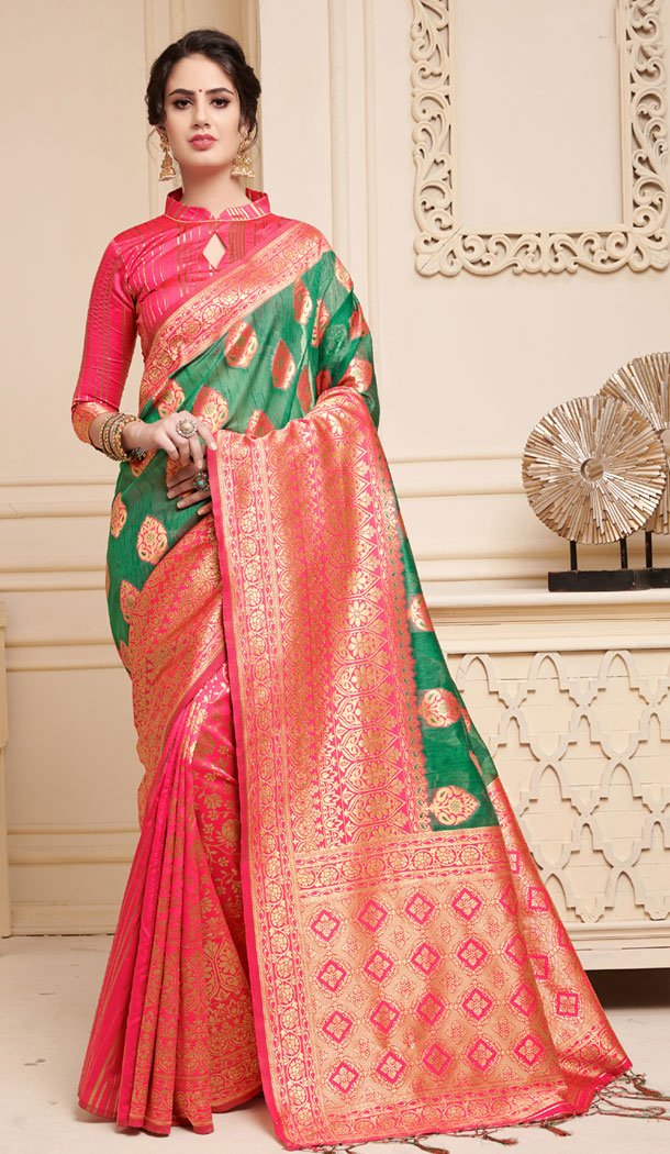 Green And Pink Color Linen Silk Traditional Saree Blouse - 491360488