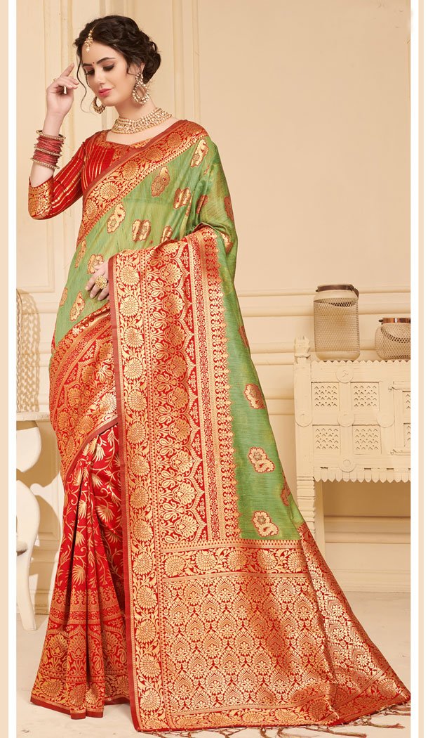 Green And Red Color Linen Silk Traditional Saree Blouse - 491360491