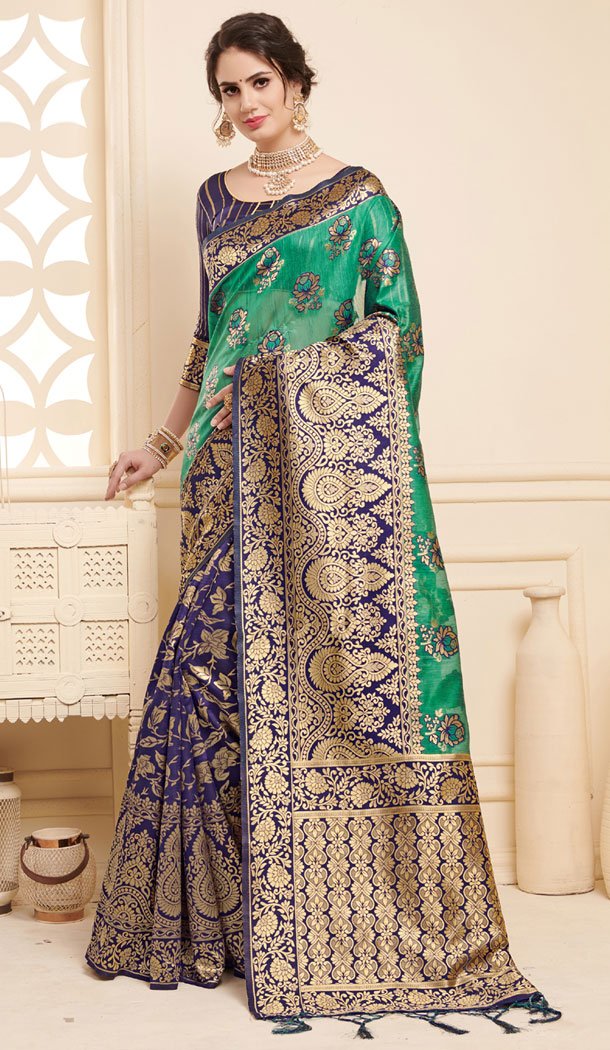 Green And Blue Color Linen Silk Traditional Saree Blouse - 491360493