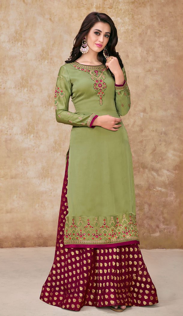 Light Green Color Satin Georgette Party Salwar Kameez - 63563764