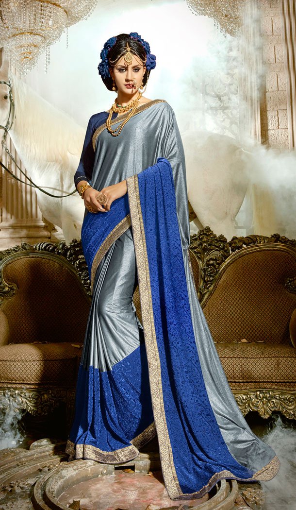 Two Tone Grey Blue Chinese Imported Party Wear Plus Size Sarees - 494460747