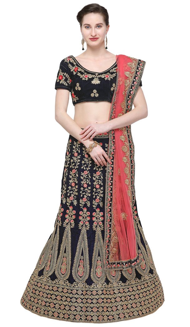 Navy Blue Color Velvet A Line Designer Ghagra Choli - 494960791