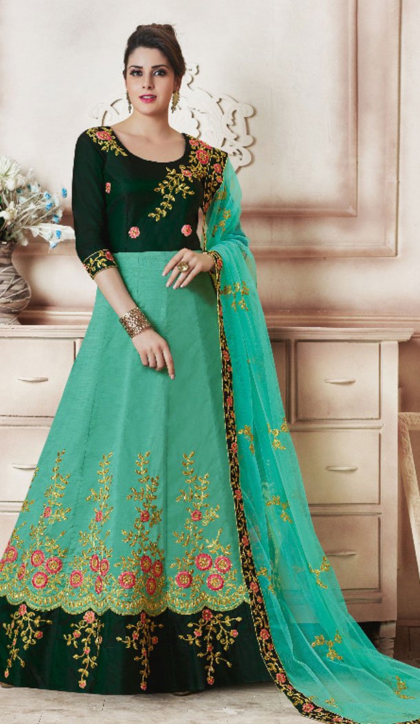 Aqua And Green Color Silk Treditional Plus Size Lehenga Choli - 495460825