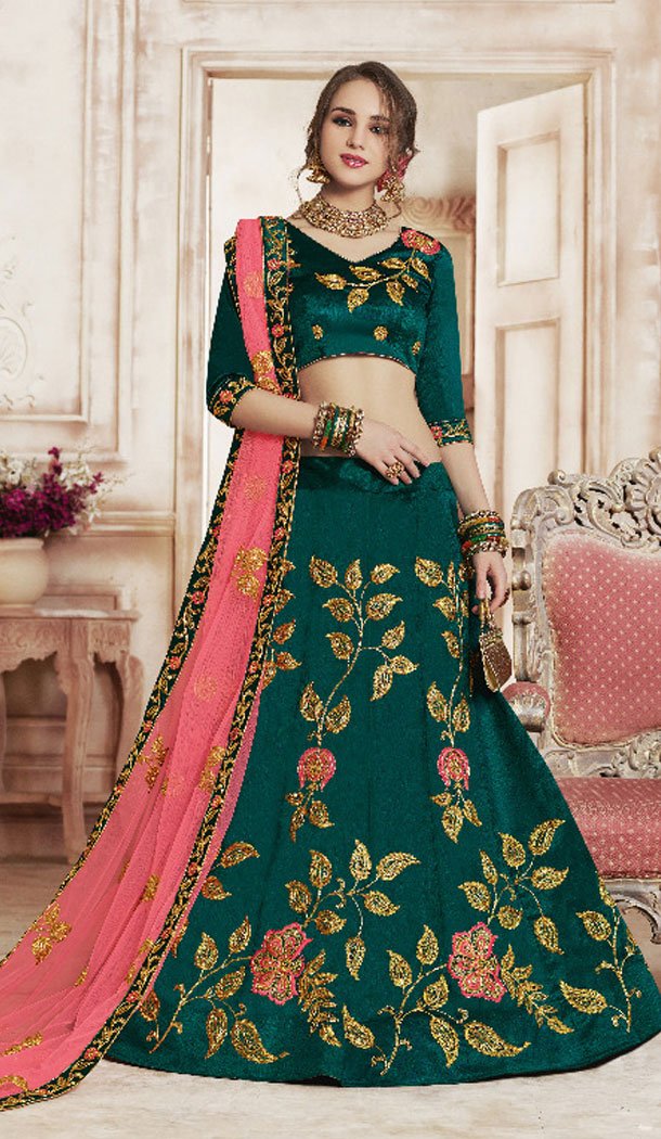 Forest Green Color Silk Treditional Plus Size Lehenga Choli - 495460831