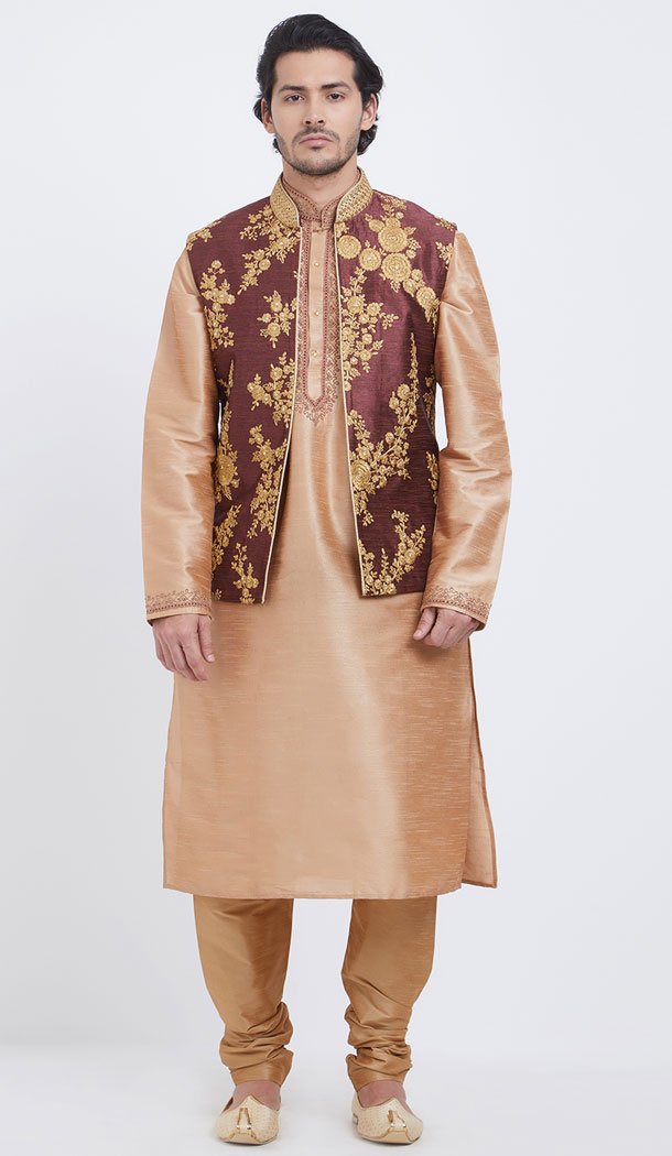 Scintillating Gold Color Art Silk Men Readymade Kurta Payjama With Jacket - 490060327