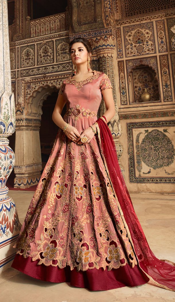 Peach And Maroon Color Tafetta Base Designer Lehenga Suit - 495260806
