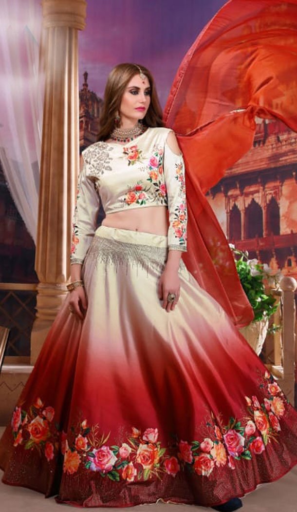 White And Red Color Maxico Satin Silk Designer Ghagra Choli - 495360814
