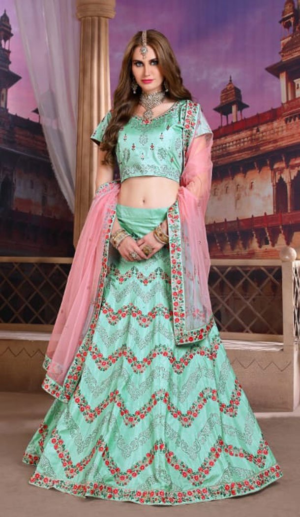 Aqua Color Thai Silk Designer Ghagra Choli - 495360819